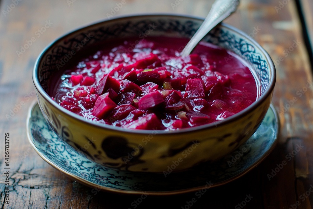A vibrant beetroot soup filled with chunks of beets and vegetables is served in an ornate bowl on a rustic wooden table. The setting offers a warm and inviting atmosphere for enjoying this dish A vibrant beetroot soup filled with chunks of beets and vegetables is served in an ornate bowl on a rustic wooden table. The setting offers a warm and inviting atmosphere for enjoying this dish