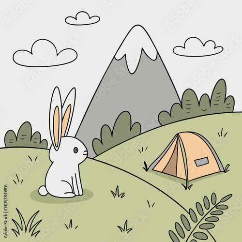 Cute Rabbit by a Mountain Camping Tent genaret ai.