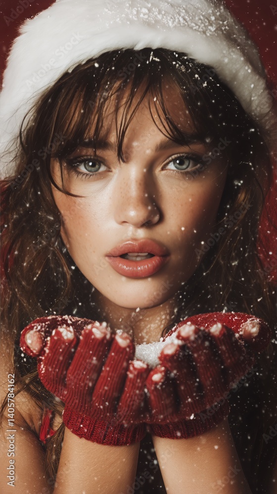 Holiday Celebration With a Woman in a Santa Hat Holding Snow Indoors