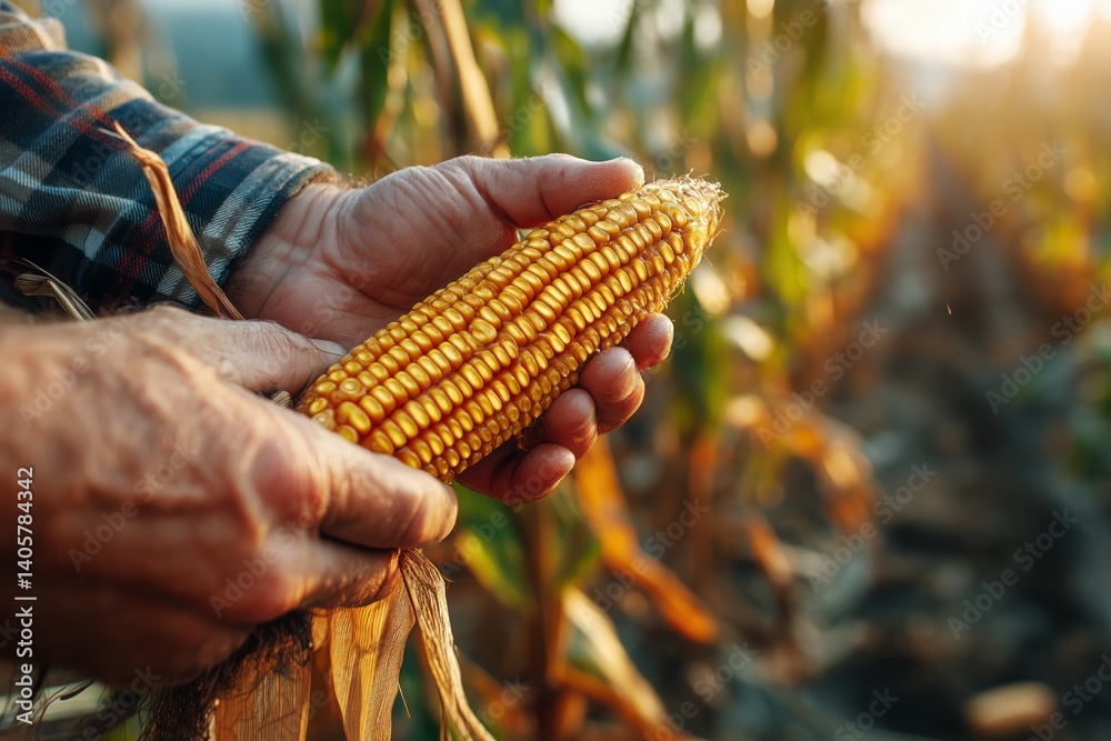 Farmer Harvesting Corn at Sunset in a Golden Field in Autumn