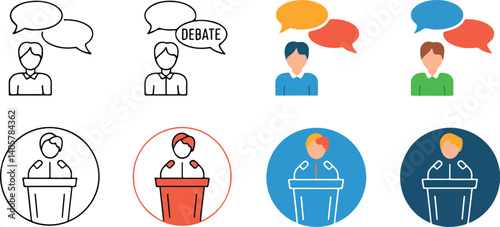  Political Debate and Communication Icons – Flat and Outline Vector Illustrations of Public Speaking, Dialogue, and Discussion for Elections, Forums, or Presentations