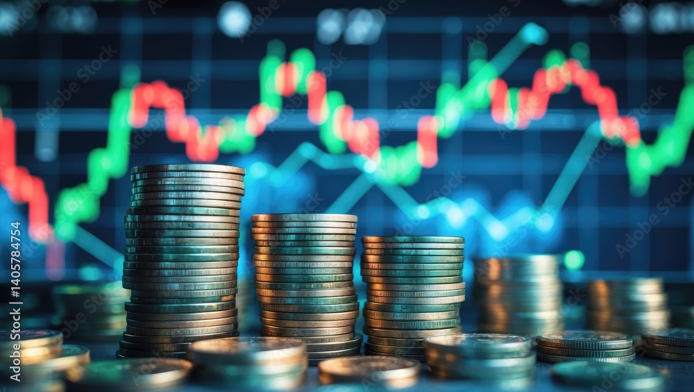 Business finance in the stock market, global economic growth patterns, coin stack backdrop, mutual fund investments, managing financial risks, debt oversight, financial strategies, inflation impact,