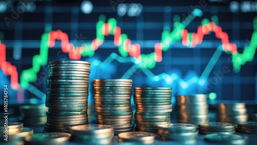 Obraz na płótnie Business finance in the stock market, global economic growth patterns, coin stack backdrop, mutual fund investments, managing financial risks, debt oversight, financial strategies, inflation impact, w salonie