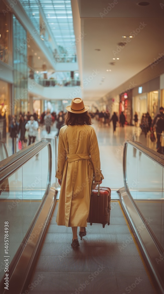 Woman With Suitcase Descends Escalator in Bustling Shopping Mall