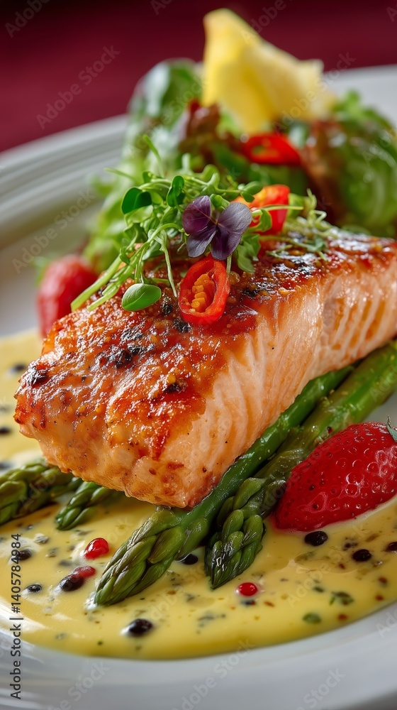 Delicious Grilled Salmon Served With Herbs and Vegetables in a Savory Sauce