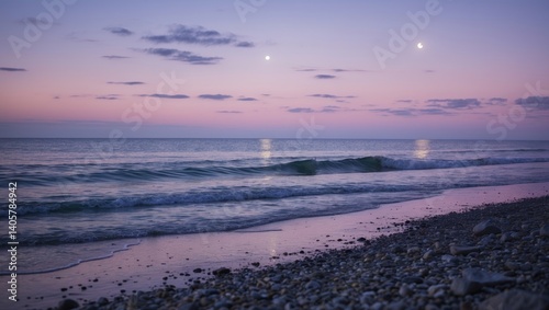 A serene evening by the ocean, with calm waves touching a rugged shoreline beneath a soft-colored sky.