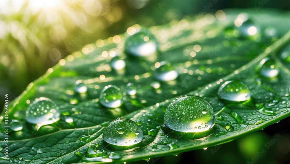 Detailed view of large, clear drops of rain on a green leaf. Dew illuminated by the morning sun. Attractive leaf texture found in nature. Natural scenery. Detailed view of large, clear drops of rain on a green leaf. Dew illuminated by the morning sun. Attractive leaf texture found in nature. Natural scenery.