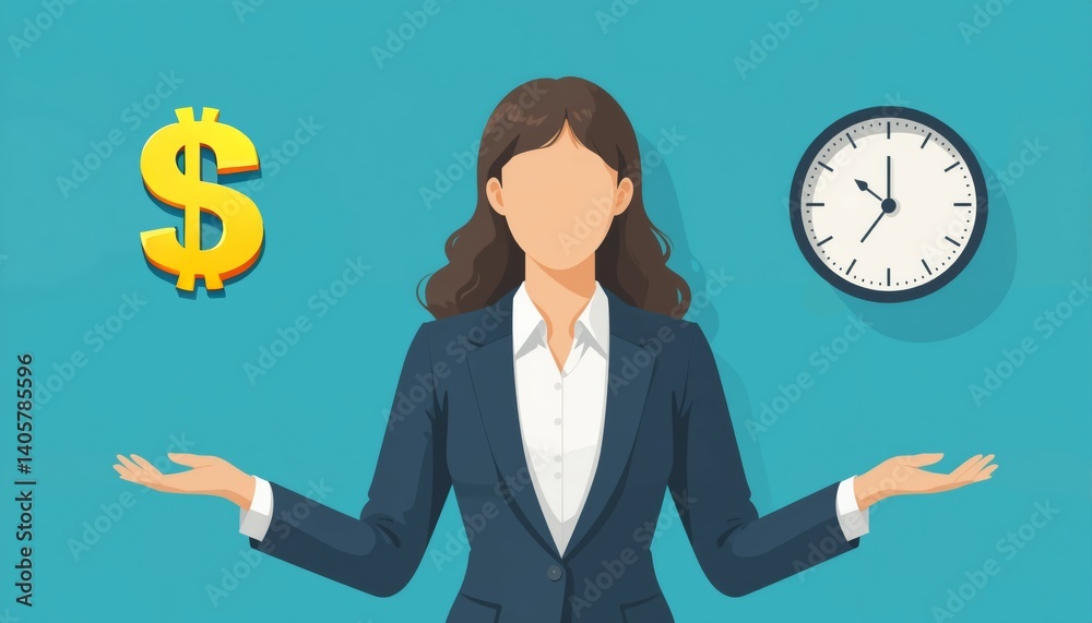 Flat Design Illustration of a Businesswoman Balancing Time and Money in Decision-Making Flat Design Illustration of a Businesswoman Balancing Time and Money in Decision-Making