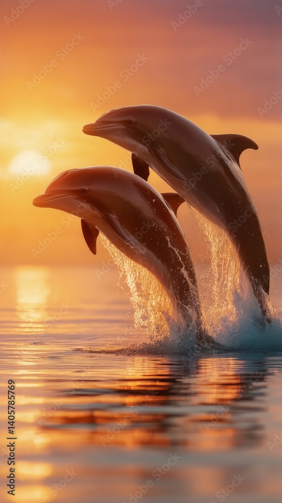 Dolphins Leap Gracefully at Sunset Over Calm Ocean Waters