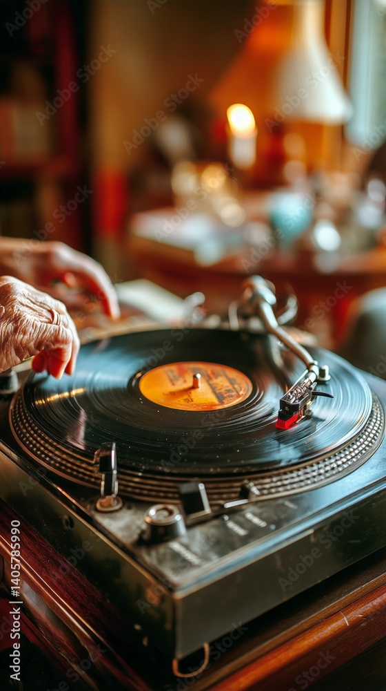 Vintage Turntable Spinning Vinyl Record in a Cozy Living Space During Early Evening Hours