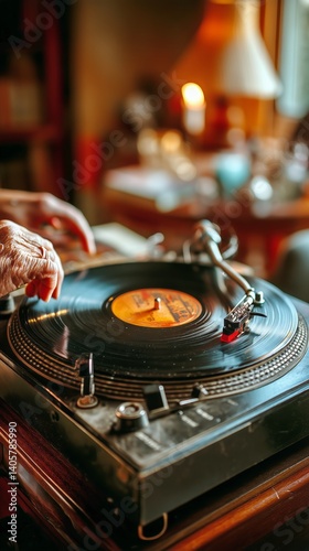 Obraz na płótnie Vintage Turntable Spinning Vinyl Record in a Cozy Living Space During Early Evening Hours w salonie
