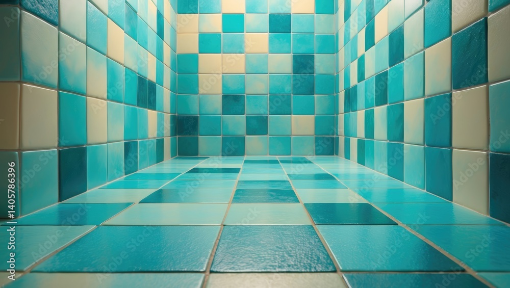 Geometric mosaic decoration with blue pastel ceramic wall and floor tiles. Abstract background. Simple seamless pattern for backdrop in advertising, banners, or web. Geometric mosaic decoration with blue pastel ceramic wall and floor tiles. Abstract background. Simple seamless pattern for backdrop in advertising, banners, or web.