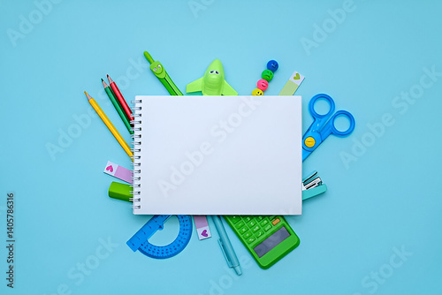 Top view of a blank notebook and various school supplies on a blue background, representing a back-to-school 