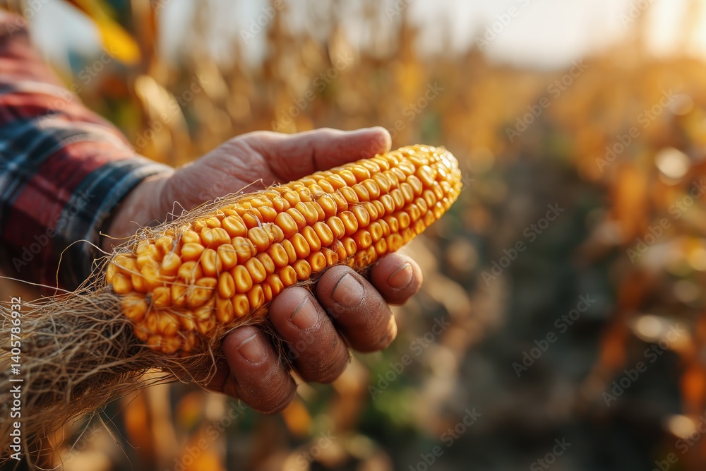 Corn Harvest in a Golden Field at Sunset With a Farmers Hand Holding an Ear of Corn