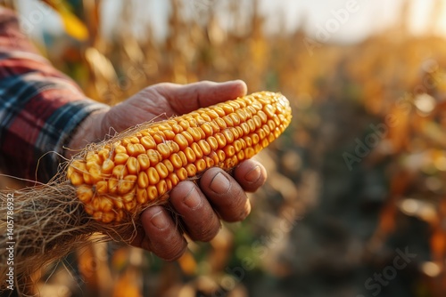 Obraz na płótnie Corn Harvest in a Golden Field at Sunset With a Farmers Hand Holding an Ear of Corn w salonie