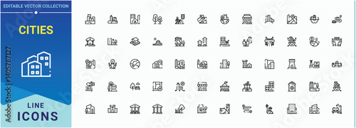 Cities icon set. Contains related to town, building, city, connect and more. Minimal icons collection. Urban modern icon set. Editable stroke collections.