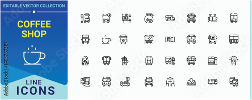 Coffee Shop icon pack. Contains such symbols as beverage, restaurant, drink, cake, shop, coffee, breakfast and more. Minimal thin line web icons set. Cafe icon collection. Vector illustration.