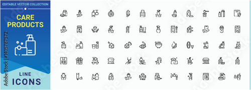 Care Products related icon set. Pack of health, product, dermatology, care, beauty, mask, moist and more. Minimal icons pack. Product icon set. Vector illustration. Pixel perfect.