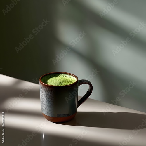 Frothy Matcha Latte in Rustic Mug Sunlit Kitchen Table