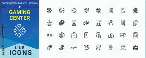 Set of Gaming Center line icon. Featuring slot, gambling, gamble, jackpot and more. Casino modern icon set. Collection of simple line web icons. Editable stroke. Vector collection.