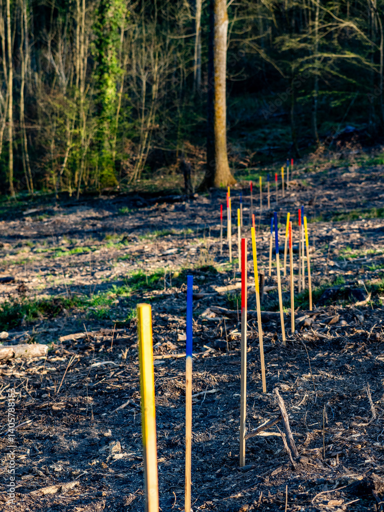 Fototapeta premium Wiederaufforstung im Frühjahr mit bunten Markierungsstöcken
