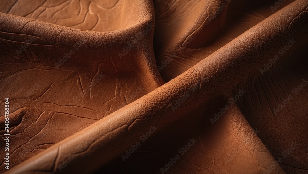 Brown suede leather texture shown in macro, highlighting an embossed pattern. The structure of the fuzzy fabric surface is suitable for upholstery, interior design, and clothing.