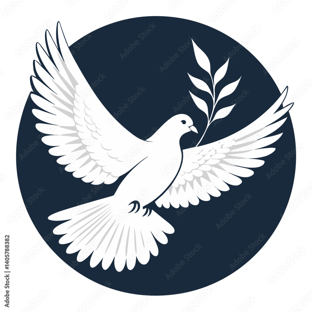 Fototapeta premium White dove soaring with olive branch against dark circle background 