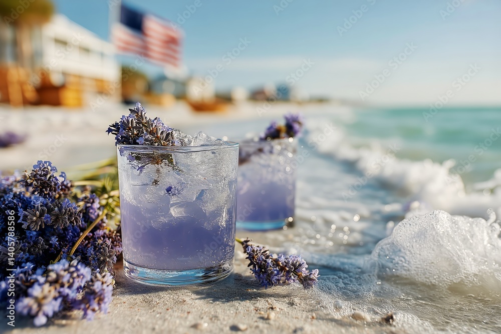 Refreshing Lavender Lemonade Served on a Sunny Beach With Ocean Backdrop