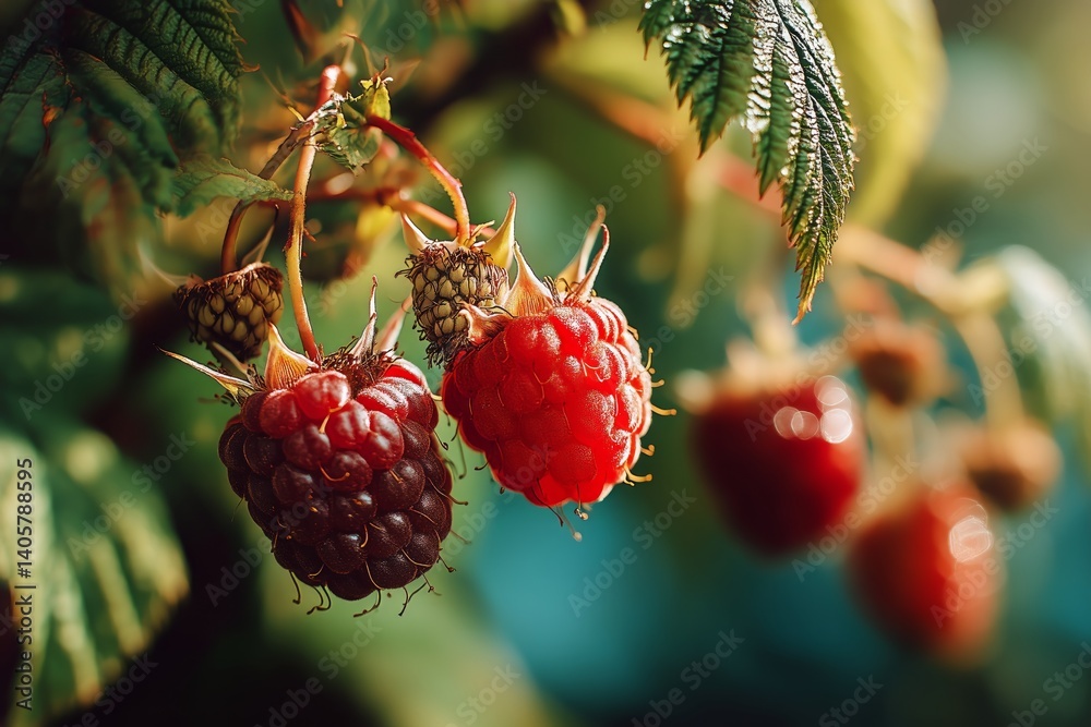 Ripe Raspberries Growing on Bushes in a Sunny Garden During Late Summer