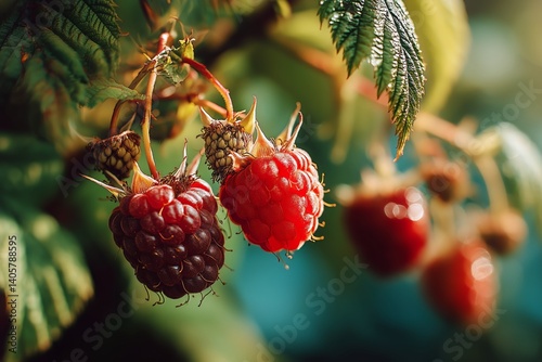 Ripe Raspberries Growing on Bushes in a Sunny Garden During Late Summer