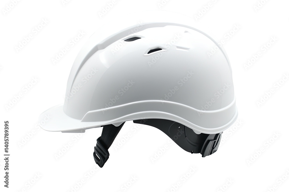 Fototapeta premium A white construction helmet shown at an angle. Protection from head trauma. Lightweight material for the user