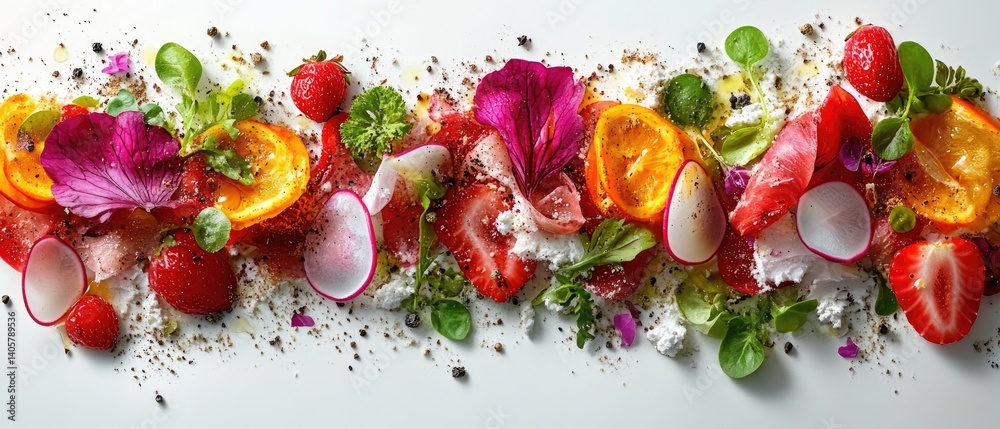 Bright, colorful salad with strawberries, citrus, radishes, greens and edible flowers Bright, colorful salad with strawberries, citrus, radishes, greens and edible flowers