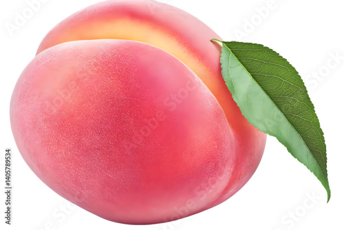 Realistic Photo of a Ripe Peach with Green Leaf Isolated on Transparent Background