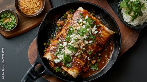 Delicious mexican enchiladas with cheese and cilantro in a skillet National Food Month