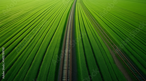 a railroad on green grass, a view from above, railroad tracks