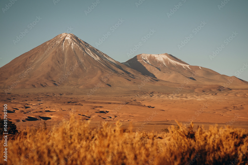 Obraz premium GeView of Licancabur Volcano - Atacama Desert in Chile - dry vegetation and blue sky, desert photos, mobile background, Chile backgroundnerated image