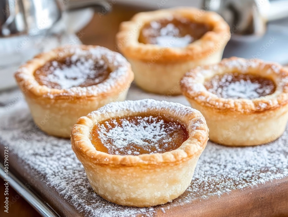 Four small pastries with powdered sugar on top. The pastries are arranged on a wooden cutting board Four small pastries with powdered sugar on top. The pastries are arranged on a wooden cutting board