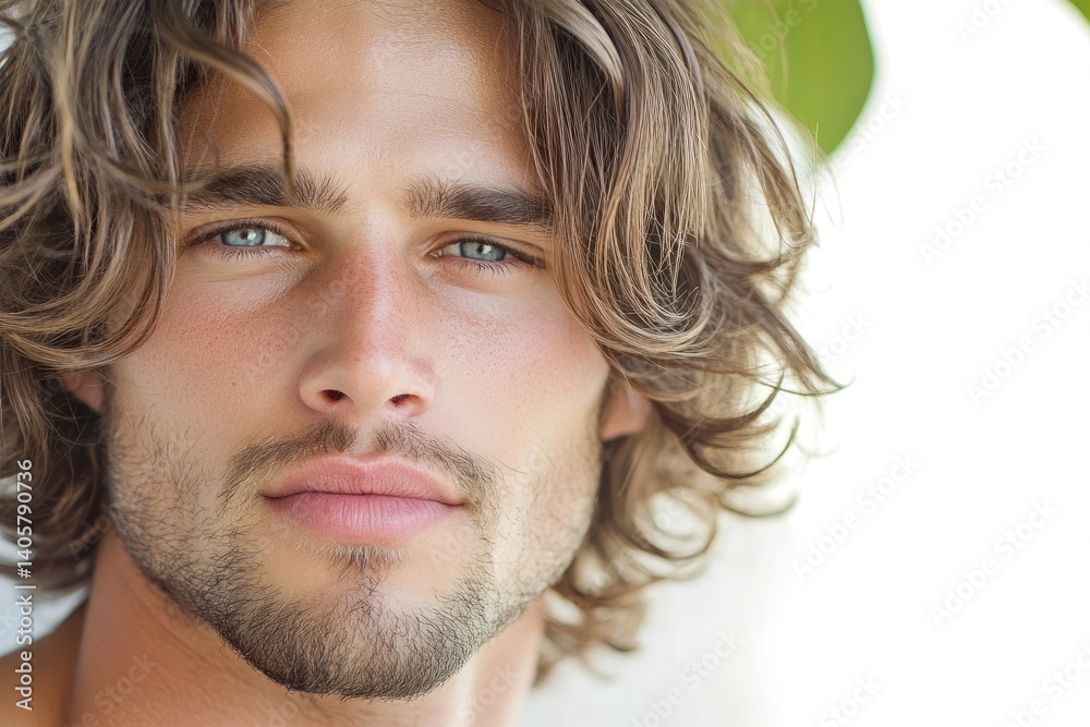 Fototapeta premium Man with a beard and long hair is smiling. He has a light blue eye. The man is wearing a white shirt