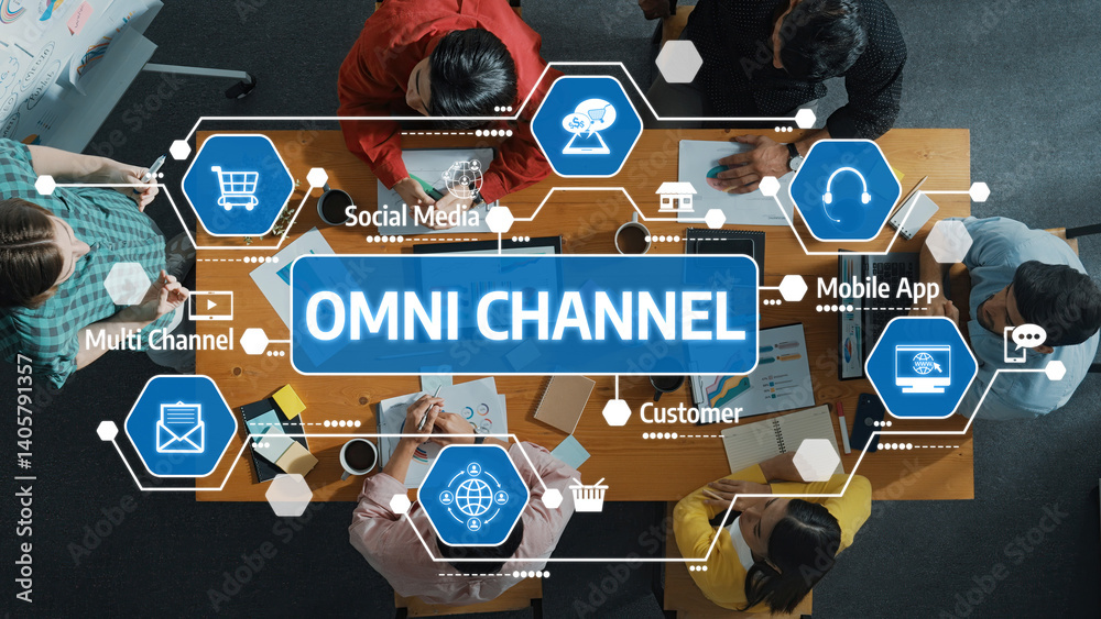 A vibrant team collaborates around a table, discussing omni channel strategies essential for enhancing customer experience and integrating diverse media approaches in business. Amity
