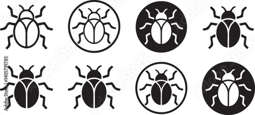 Bug Icons in Bold Silhouette Style – Insect Vector Set Featuring Beetle Shapes in Circular and Open Background Variants