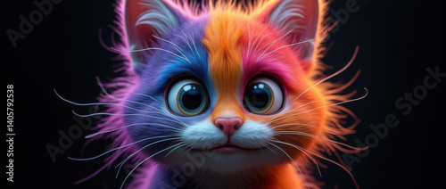 Vibrant and Playful Character Render of a Kitten with Surreal, Rainbow-Colored Fur and a Sweet, Innocent Expression..