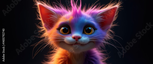 Vibrant and Playful Character Render of a Kitten with Surreal, Rainbow-Colored Fur and a Sweet, Innocent Expression..