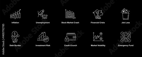 Financial Distress and Economic Impact Icon Set. Includes Inflation, Unemployment, Credit Crunch, Investment Risk, and Emergency Fund Concepts. Editable Stroke.