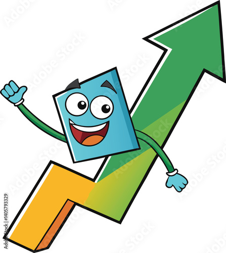 Cartoon Character Climbing a Positive Growth Trend Arrow Chart