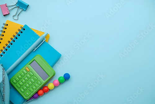  A collection of school and office supplies, including pens, notebooks, and scissors, arranged on a blue background