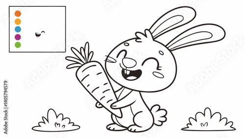 kids coloring page, a cheerful rabbit holding a carrot, cartoonish, friendly, thick outlines