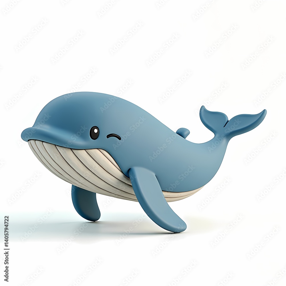 Fototapeta premium A cartoon blue whale with a white belly and a winking eye on a white background studio shot