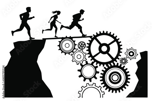 1 Black and white illustration, silhouettes of people running, bridge made of gears, gap between cliffs, metaphor for teamwork, surreal landscape, minimalist design, conceptual art, industrial element