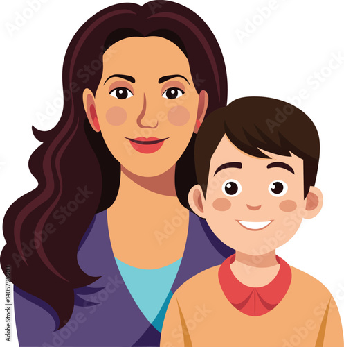 Portrait of a Smiling Mother With Her Young Son in Illustration Style