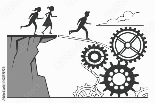 1 Black and white illustration, silhouettes of people running, bridge made of gears, gap between cliffs, metaphor for teamwork, surreal landscape, minimalist design, conceptual art, industrial element